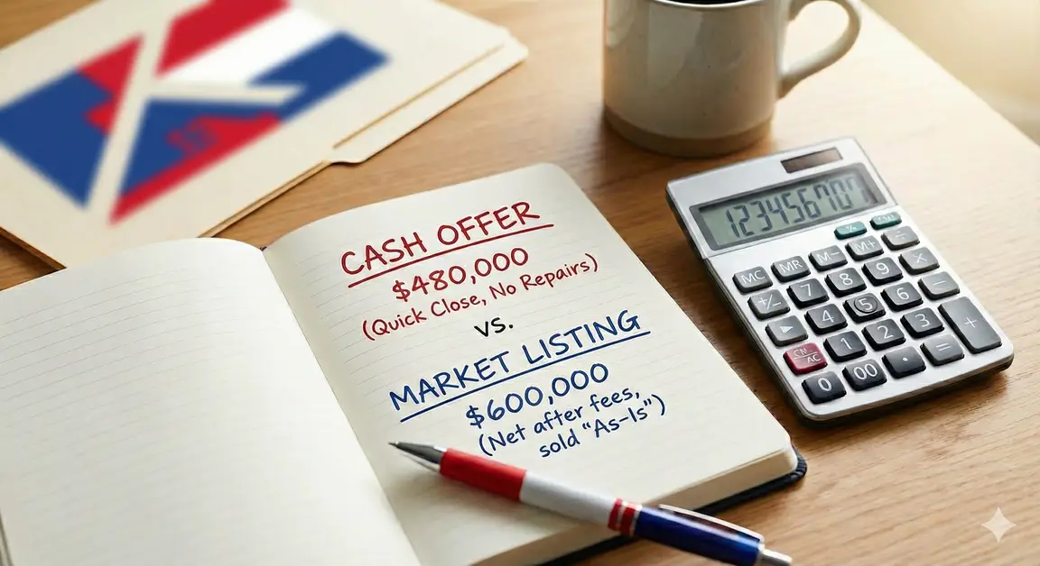 Notebook showing cash offer vs market listing comparison, calculator, and pen on desk for Charlotte home selling decision.