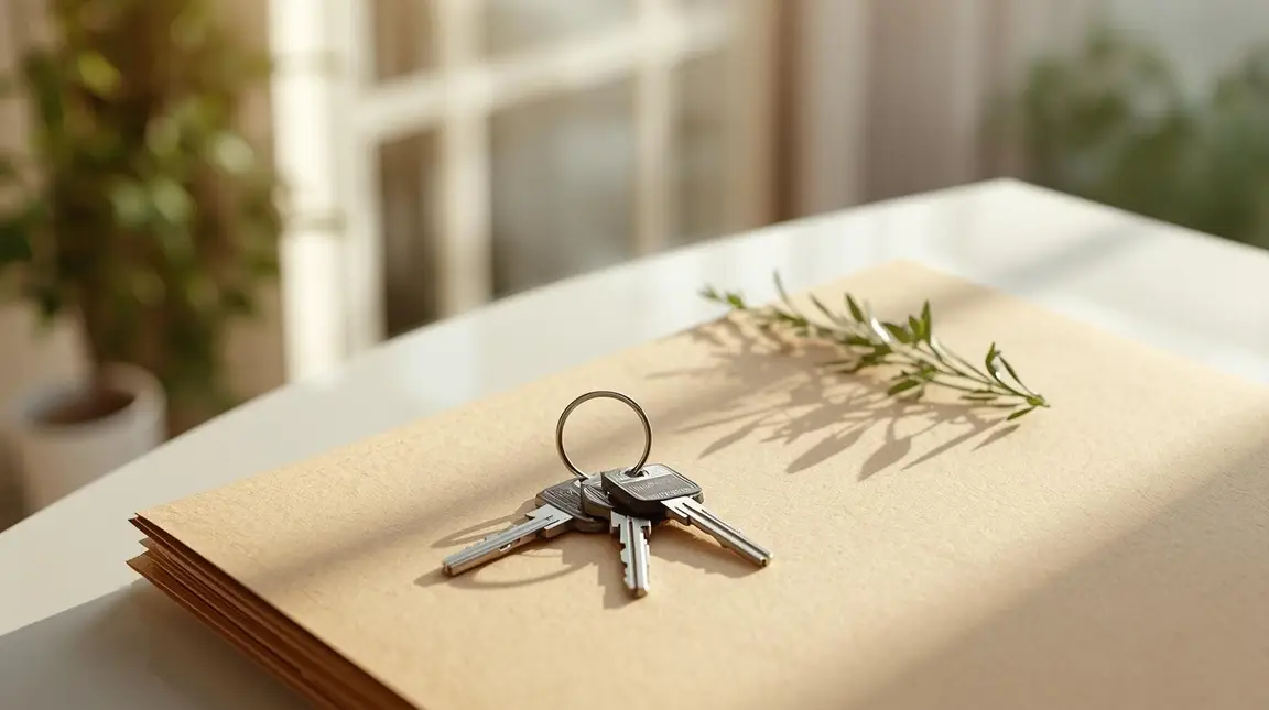 House keys resting on a manila folder in warm sunlight, with a small sprig of greenery and a softly blurred home interior in the background.