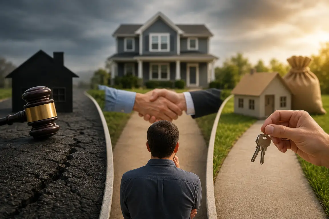 A homeowner stands at a three-way path in front of a suburban home, representing foreclosure, short sale, and as-is cash offer options in North Carolina.