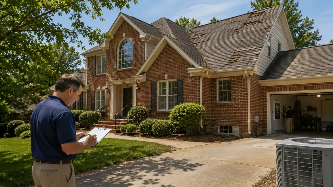 Home inspector reviewing a South Charlotte brick home with an older roof, HVAC unit, crawl space vent, and garage electrical area during a pre-sale inspection.