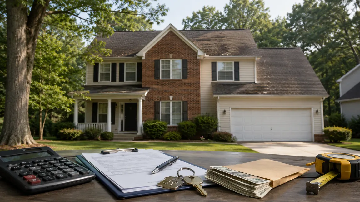 A suburban Charlotte-area home with an aging roof in the background, with a calculator, paperwork, house keys, cash, and a tape measure in the foreground representing how cash home buyers evaluate repairs and make an offer.