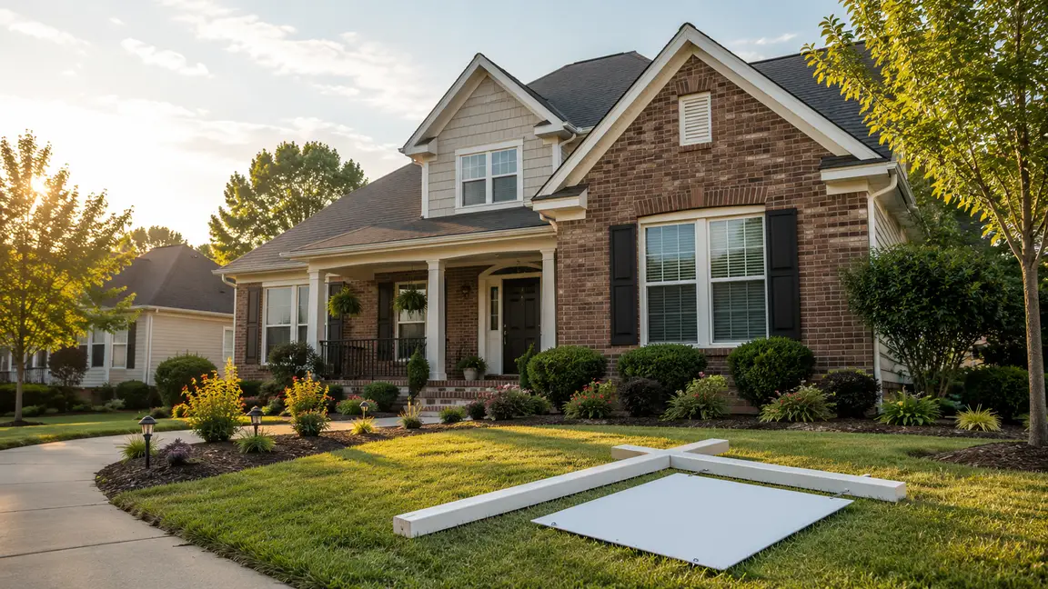 Well-maintained suburban home in the Charlotte, North Carolina area with a real estate sign lying flat in the front yard, symbolizing an expired or withdrawn home listing.