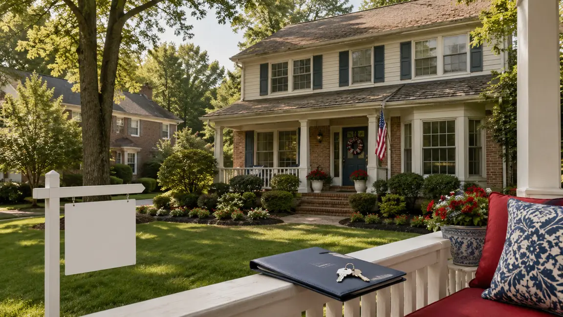Well-kept Ballantyne home with mature landscaping, a blank for-sale sign, and house keys representing as-is home sale options.