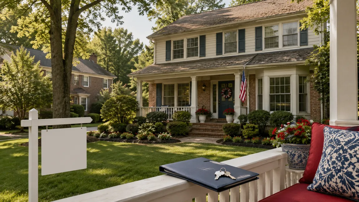 Well-kept Ballantyne home with mature landscaping, a blank for-sale sign, and house keys representing as-is home sale options.