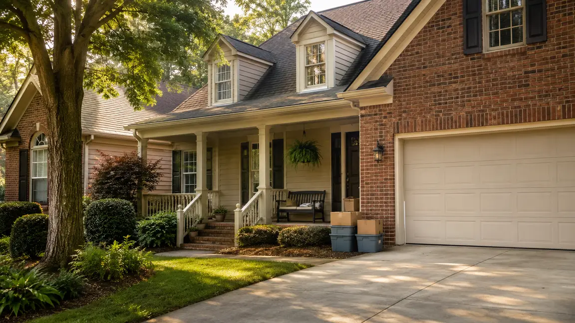 Well-kept Ballantyne-style brick and siding home with mature landscaping and moving boxes near the porch, representing an inherited house and real estate options in South Charlotte.