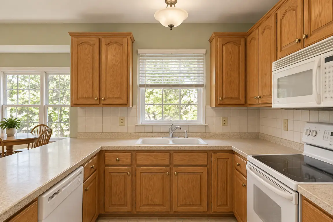 Dated kitchen with honey oak cabinets, beige countertops, tile backsplash and white appliances