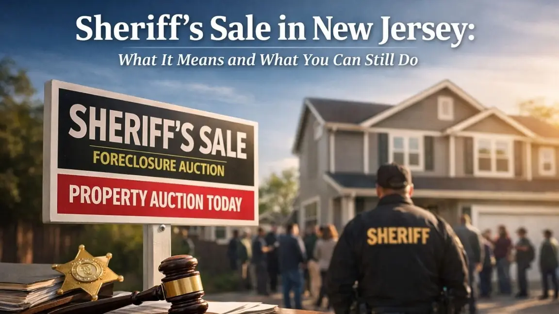 Sheriff’s sale foreclosure auction in New Jersey with property and county sheriff present
