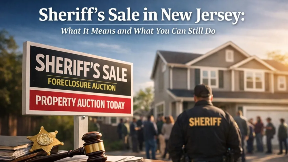 Sheriff’s sale foreclosure auction in New Jersey with property and county sheriff present
