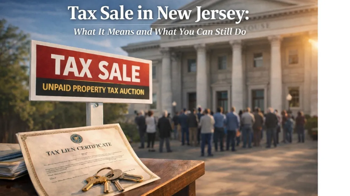 Tax sale in New Jersey outside courthouse with tax lien certificate and auction sign