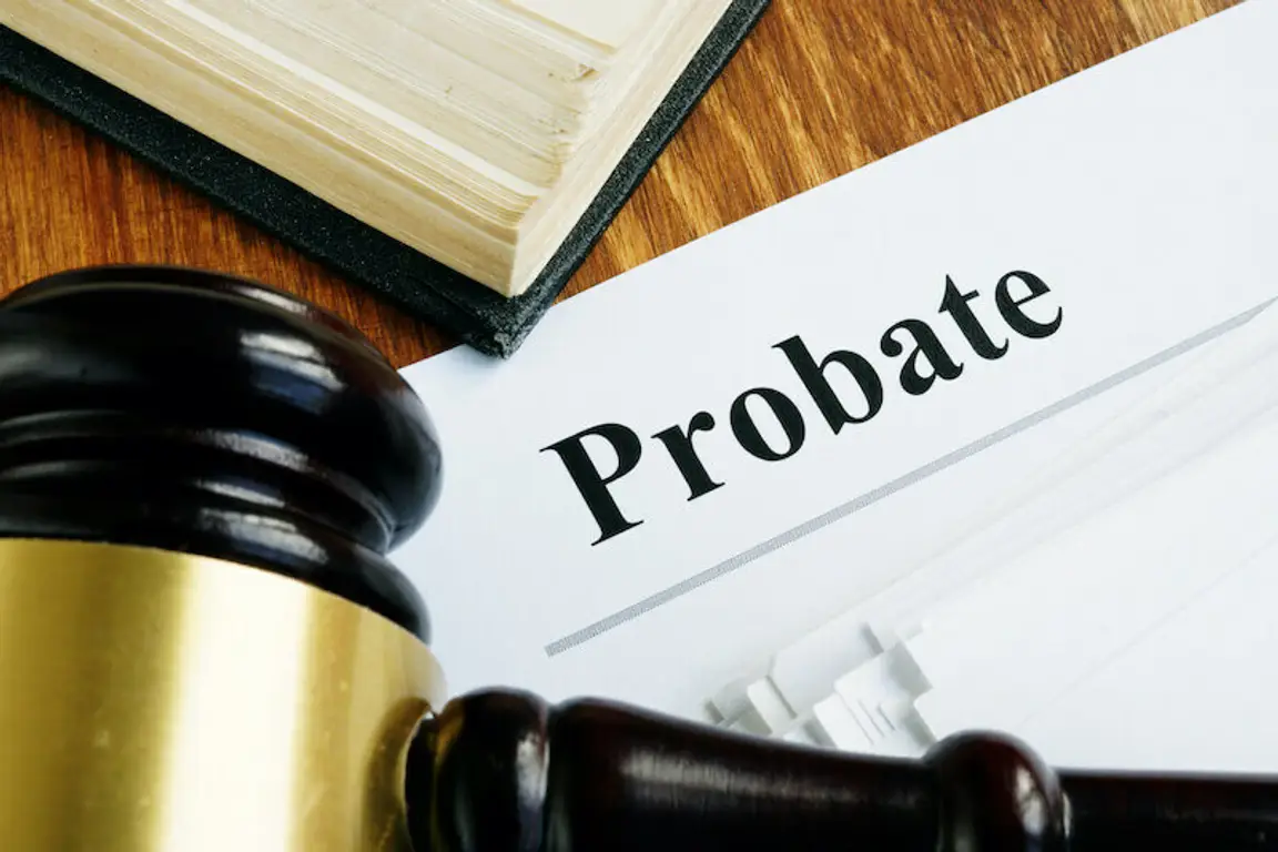 Probate sign, stack of papers and gavel