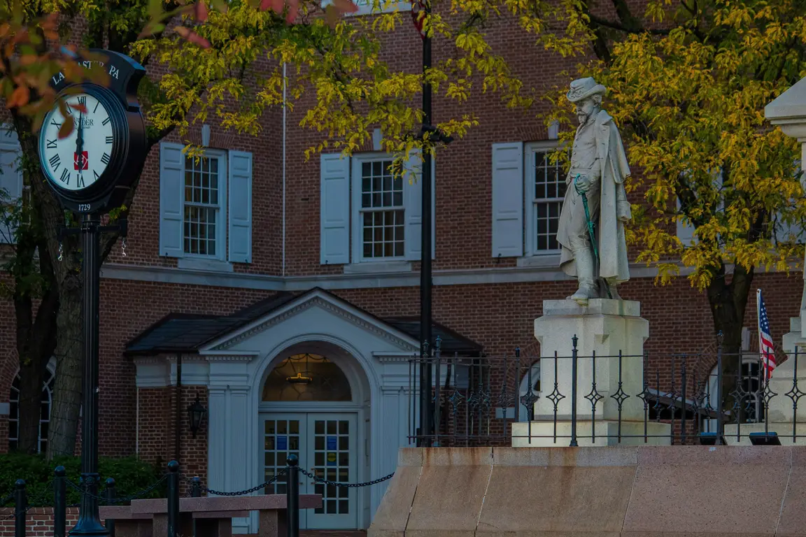 Downtown Lancaster, PA statue and clock