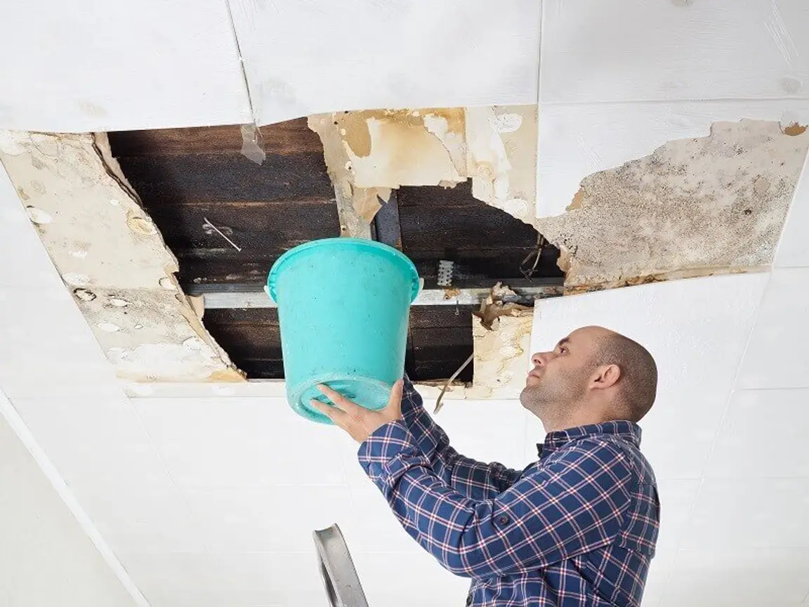 A homeowner trying to catch the water leaking from the water damage in attic