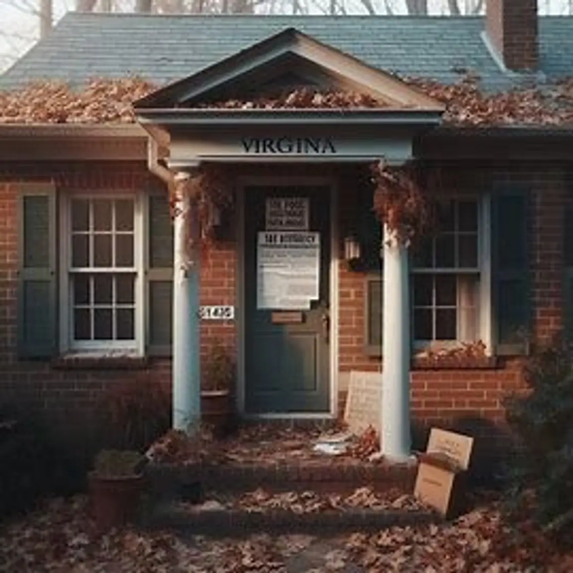 Virginia home with an overdue property tax notice pinned to the front door