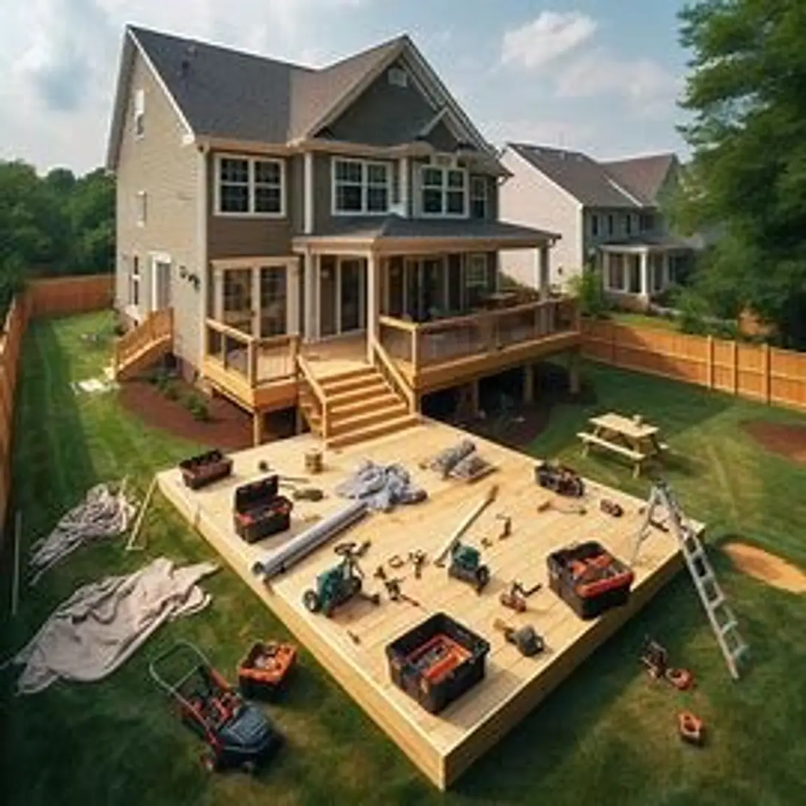 Virginia home with a partially built deck and tools scattered around