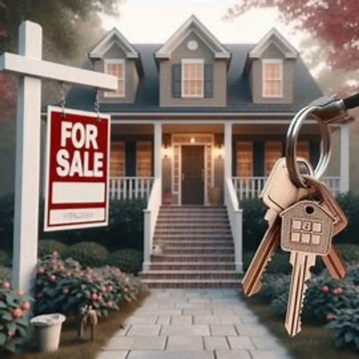 Virginia house with a For Sale sign and two sets of keys on the porch