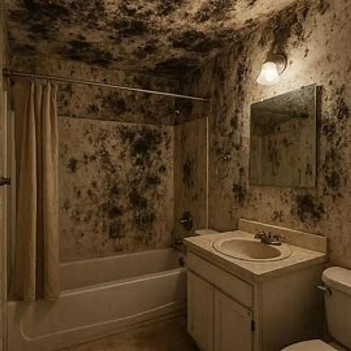 Virginia home bathroom showing visible black mold on ceiling and tiles