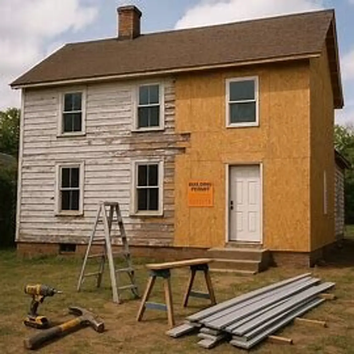 Virginia house with expired building permit notice taped to window