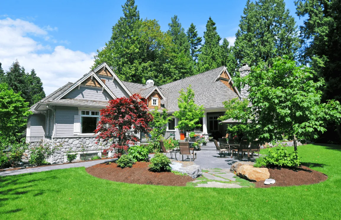 A beautiful suburban house with a recently-landscaped front yard