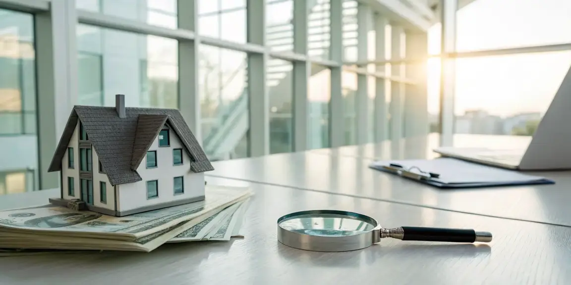 A model house and cash under a magnifying glass, vetting a we buy houses for cash company.