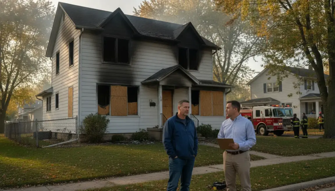 Fire-damaged Michigan home with a local advisor discussing next steps with a homeowner