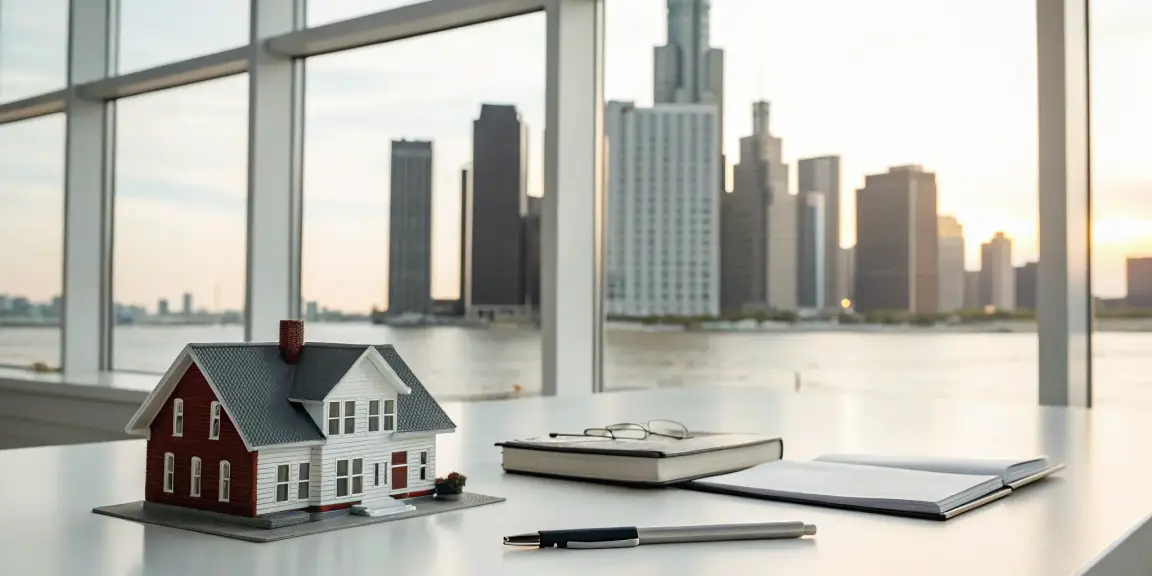 A model house on a desk with the Metro Detroit skyline for a we buy houses for cash sale.