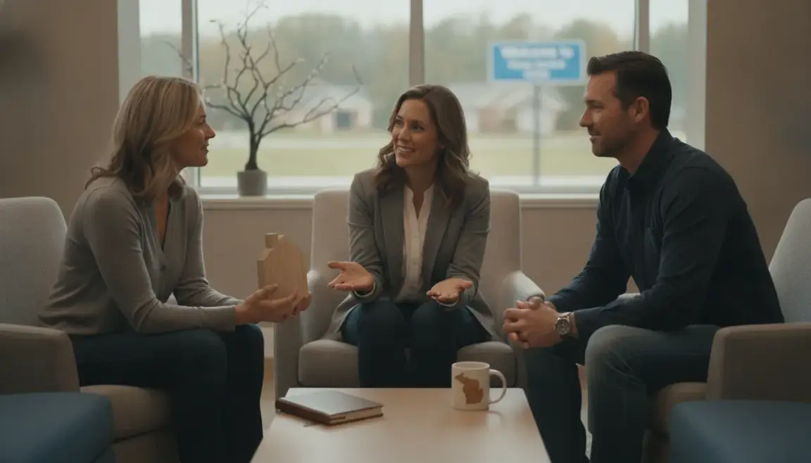 Couple discussing a Michigan home sale with a local advisor