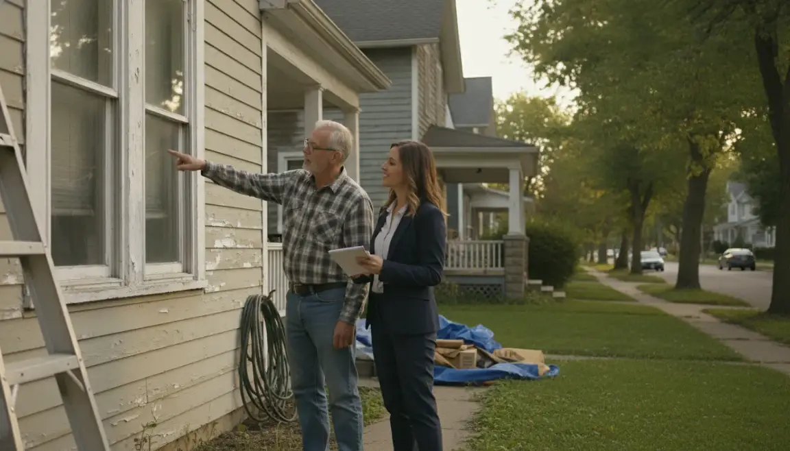 Michigan homeowner reviewing a property condition with a local home buyer