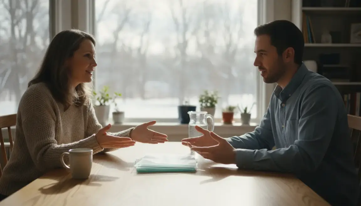 Michigan homeowner reviewing cash-sale closing documents with a local buyer