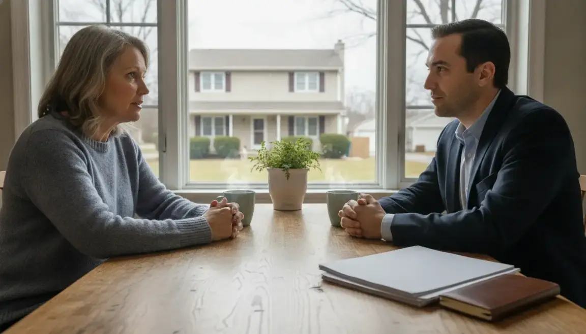 Michigan homeowner discussing how to sell a house before foreclosure with a local housing advisor
