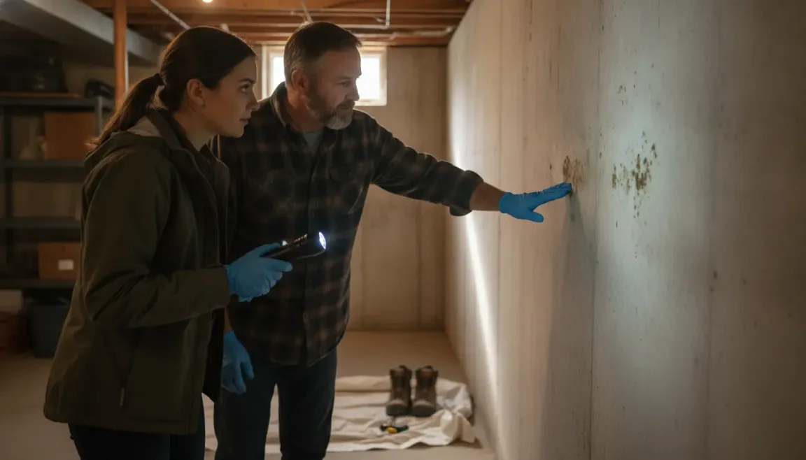 Michigan homeowner reviewing a mold-affected basement with a local home buyer