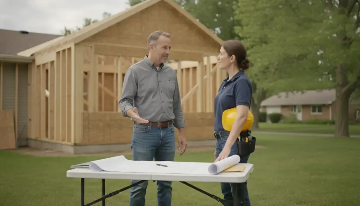 Homeowner and building professional reviewing an unfinished addition on a Michigan house