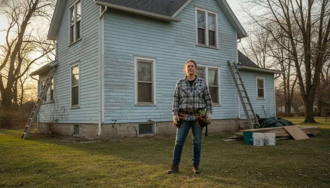 Michigan homeowner outside a house that needs repairs