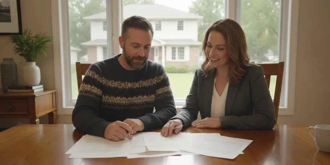 Michigan homeowner reviewing house documents at a table near a suburban home