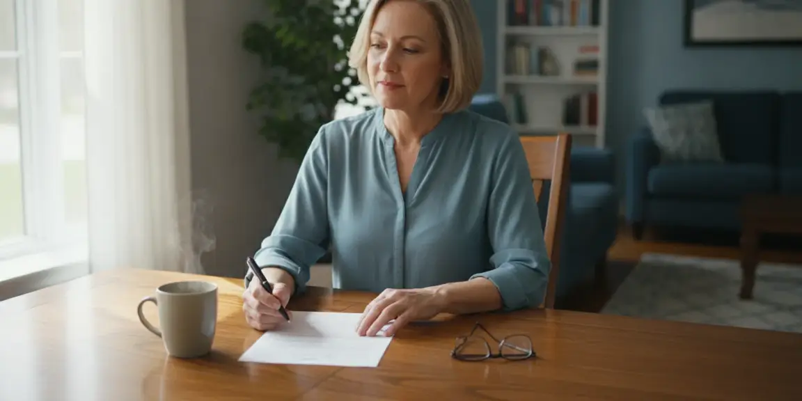 Michigan homeowner reviewing home sale paperwork at a kitchen table