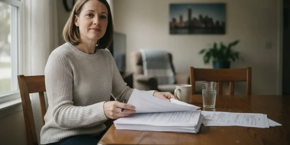 A Michigan homeowner reviewing house documents at a table near a sunlit window