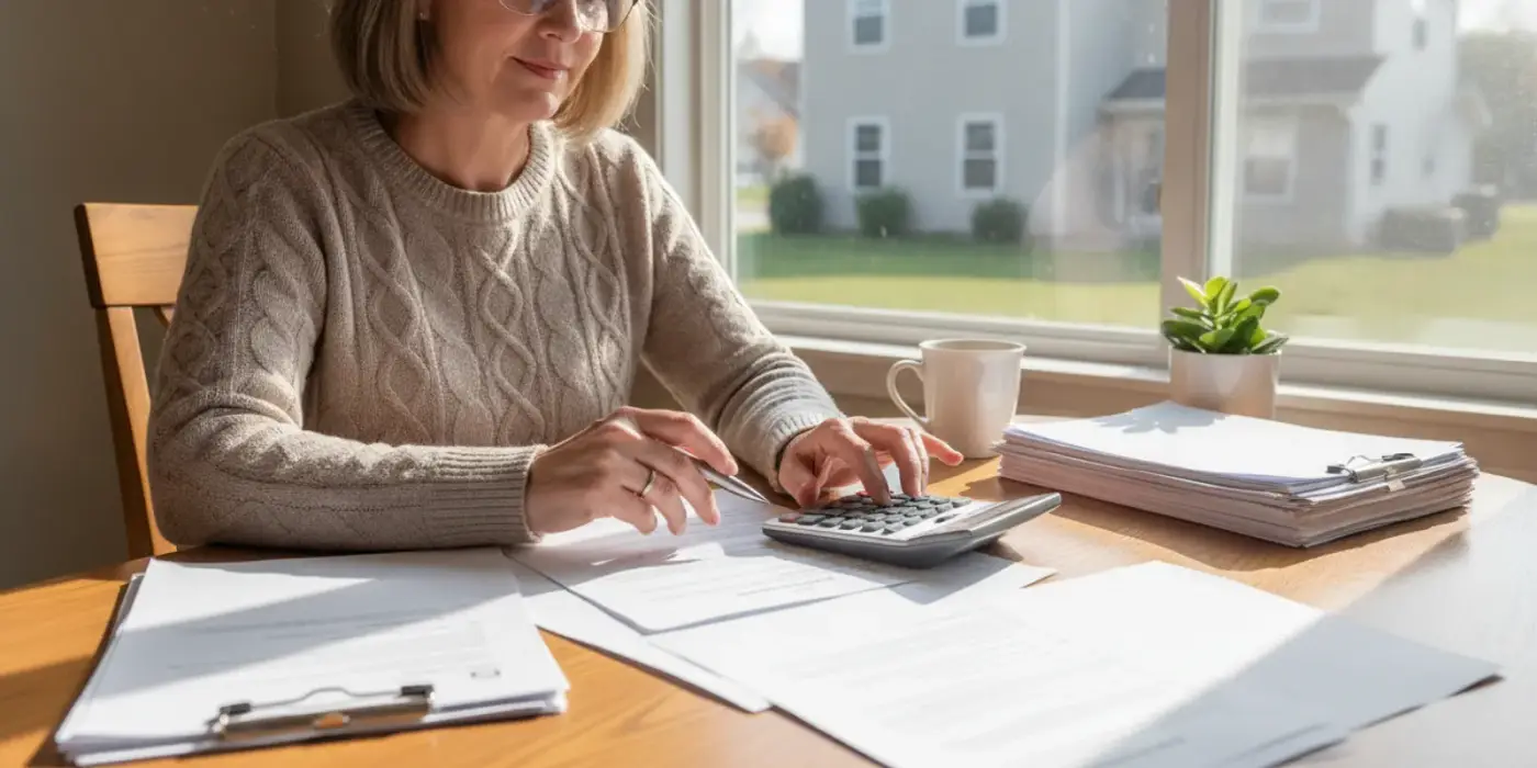 A homeowner reviewing investment property documents at a table beside a window