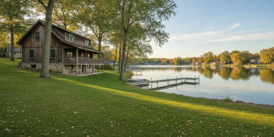 Michigan lake house with a small dock viewed from the shoreline on a clear day