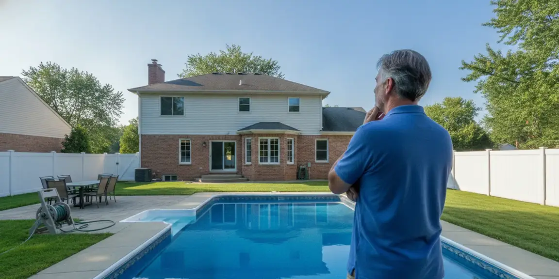 A homeowner reviewing a backyard pool and home before a sale