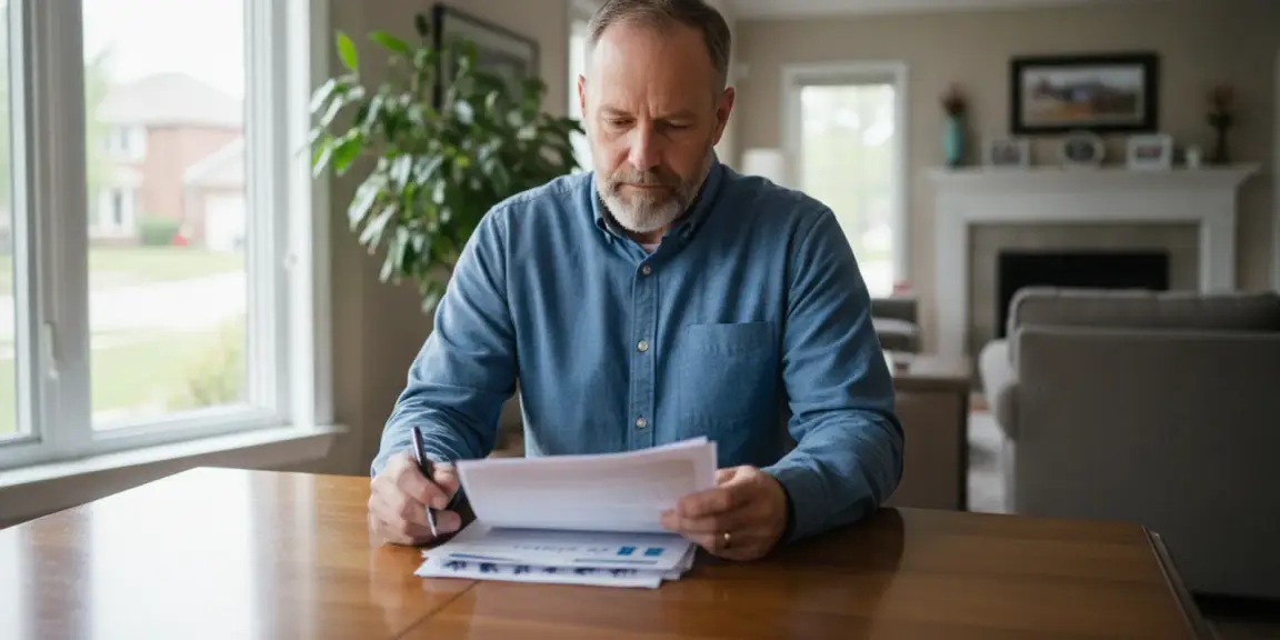 Michigan homeowner reviewing house sale paperwork at a kitchen table