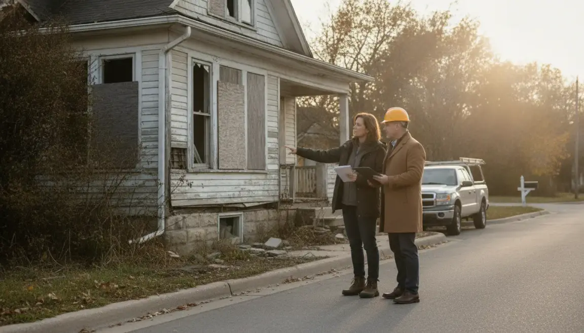 Michigan homeowner reviewing a distressed property's condition with a local professional