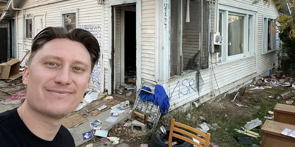 Pat at a San Bernardino fixer upper house purchased by Pat Buys Houses Cash
