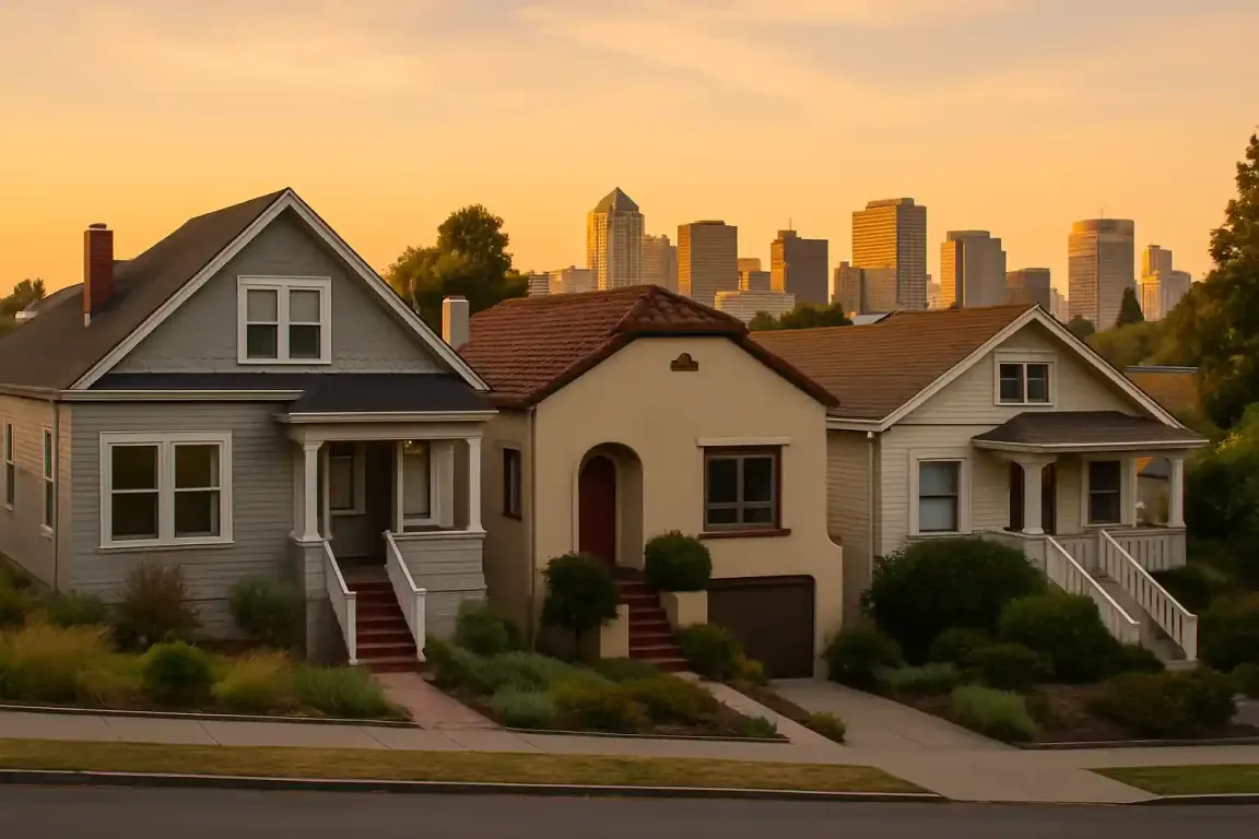 Row of older homes in Oakland CA with city skyline at sunset, ideal for Sell My House Fast Oakland services.