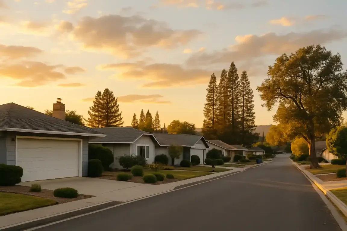 Suburban street in Atascadero CA with single-story homes and tall trees at sunset, for We Buy Houses Atascadero.