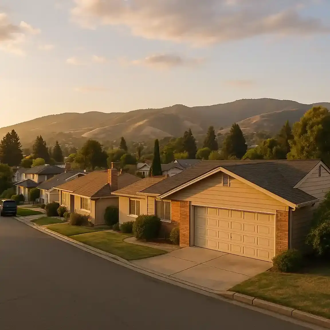 We buy houses Castro Valley CA — cash home buyer image of suburban homes at sunset.