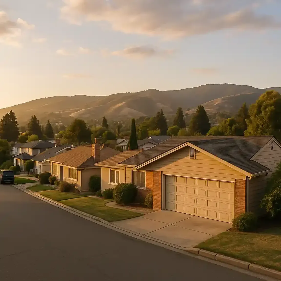 We buy houses Castro Valley CA — cash home buyer image of suburban homes at sunset.