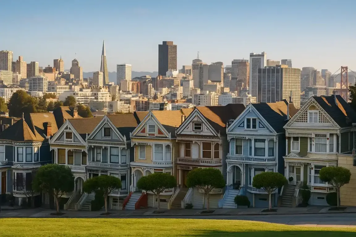 Victorian homes in San Francisco with skyline view, used by a local company that buys houses for cash.
