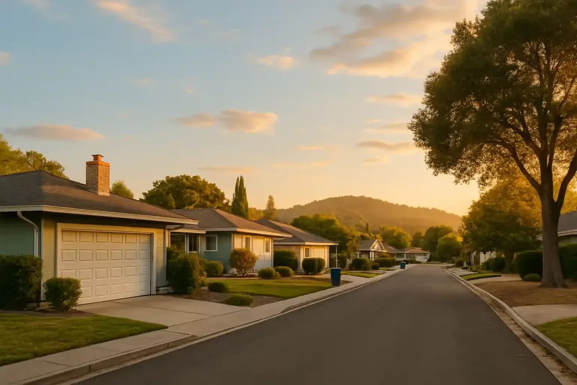We Buy Houses San Rafael CA — image of single-story home on a quiet residential street at sunset.