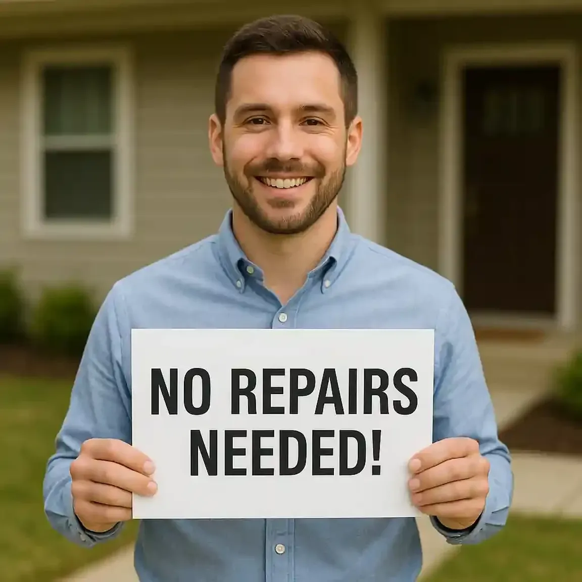 Young man holding a “No Repairs Needed” sign in front of a Bay Area home, promoting cash for houses.