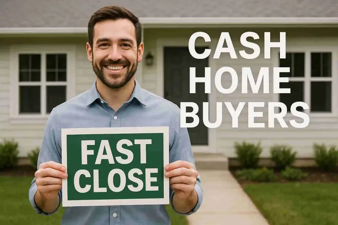 Man holding a FAST CLOSE sign in front of a house — Cash Home Buyers Bay Area