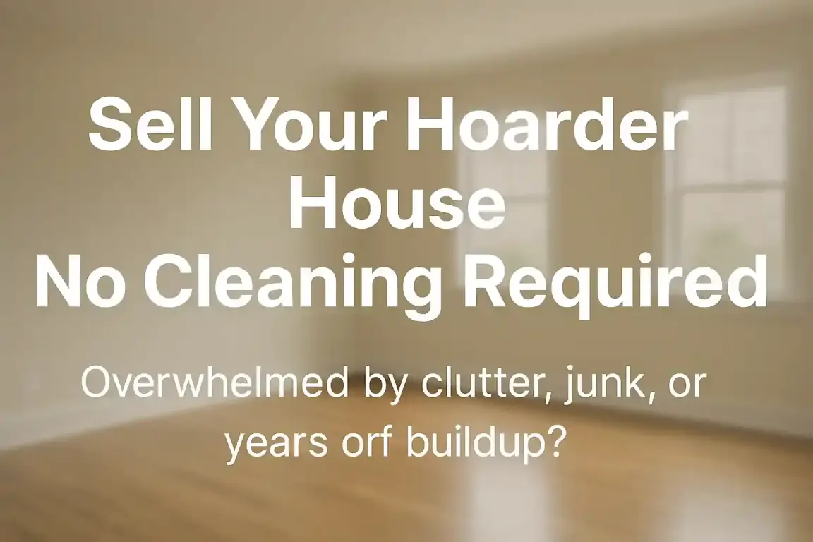Clean, sunlit interior with bold text “No Cleaning Required” — hero image for Sell Hoarder House landing page.